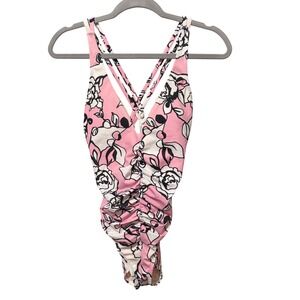 St. John Swimsuit Floral Ruched V-Neck 6 Pink Excellent Multi-Strap One Piece